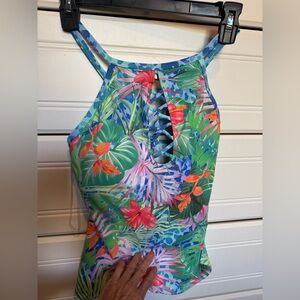 Blue Rod Beattie tankini with lace up front. Size 8.